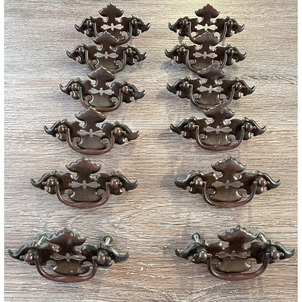 12 Vintage Batwing Drawer Pulls Dark Bronze Chippendale Bail Handles